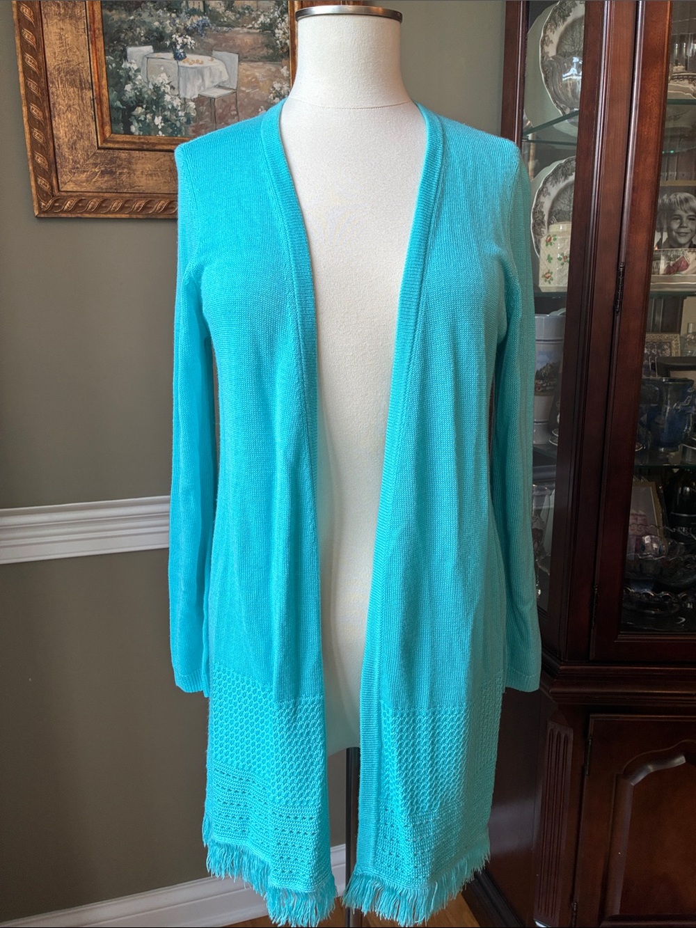 Talbots Turquoise Open-Front Knit Cardigan with Fringe Hem Size Medium